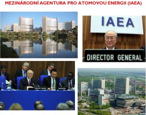 Pohled na sídlo IAEA ve Vídni, záběr ze zasedání vrcholového orgánu IAEA a její současný generální ředitel Yukiya Amano